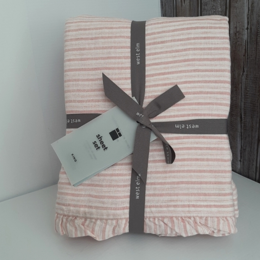 West Elm Heather Taylor Home Canyon Stripe Ruffle European Flax Linen Sheet Set